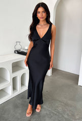 Delayne V-Neck Satin Midi Dress - Black