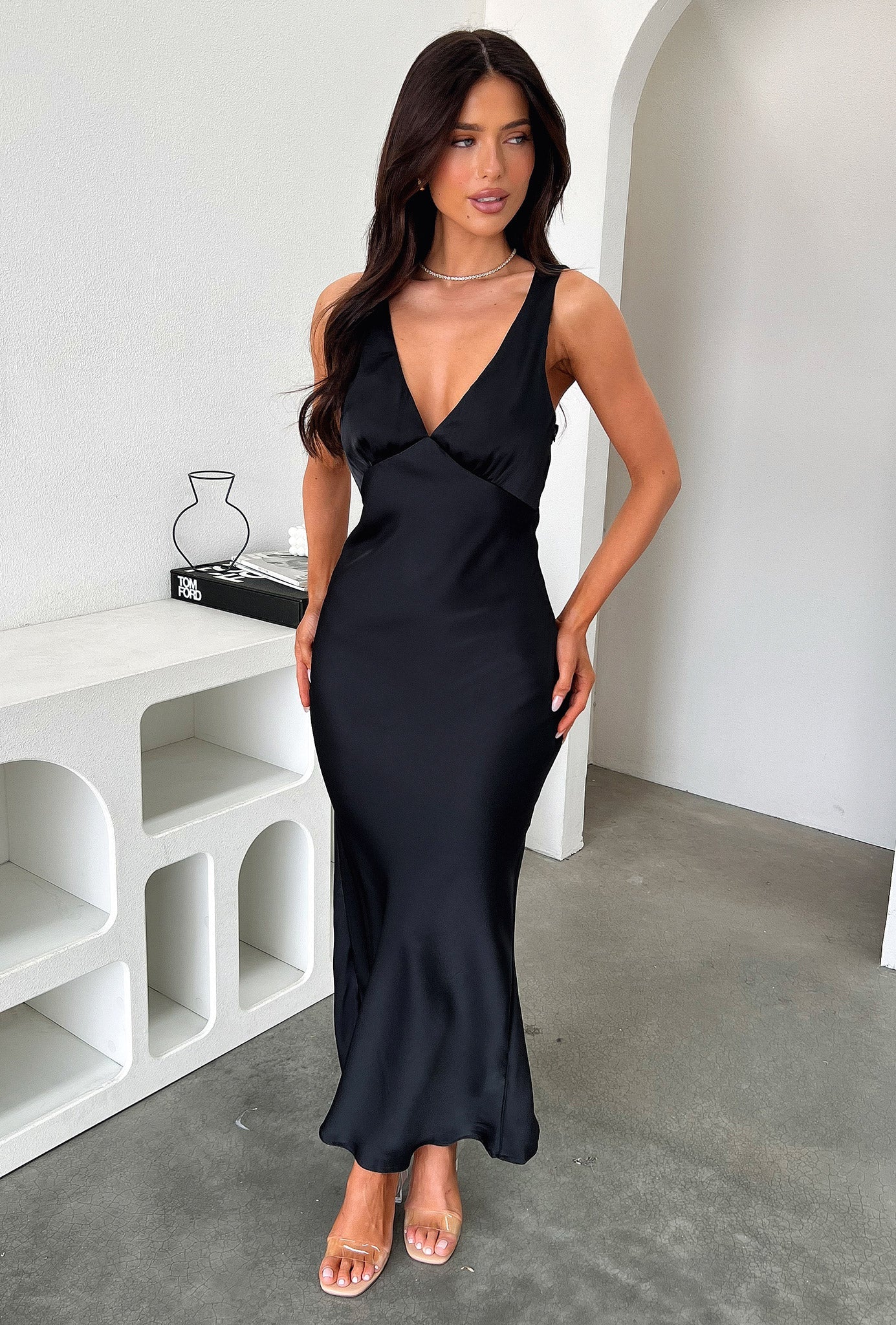 Delayne V-Neck Satin Midi Dress - Black