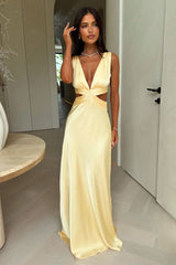 Emeline V-Neck Satin Maxi Dress - Yellow