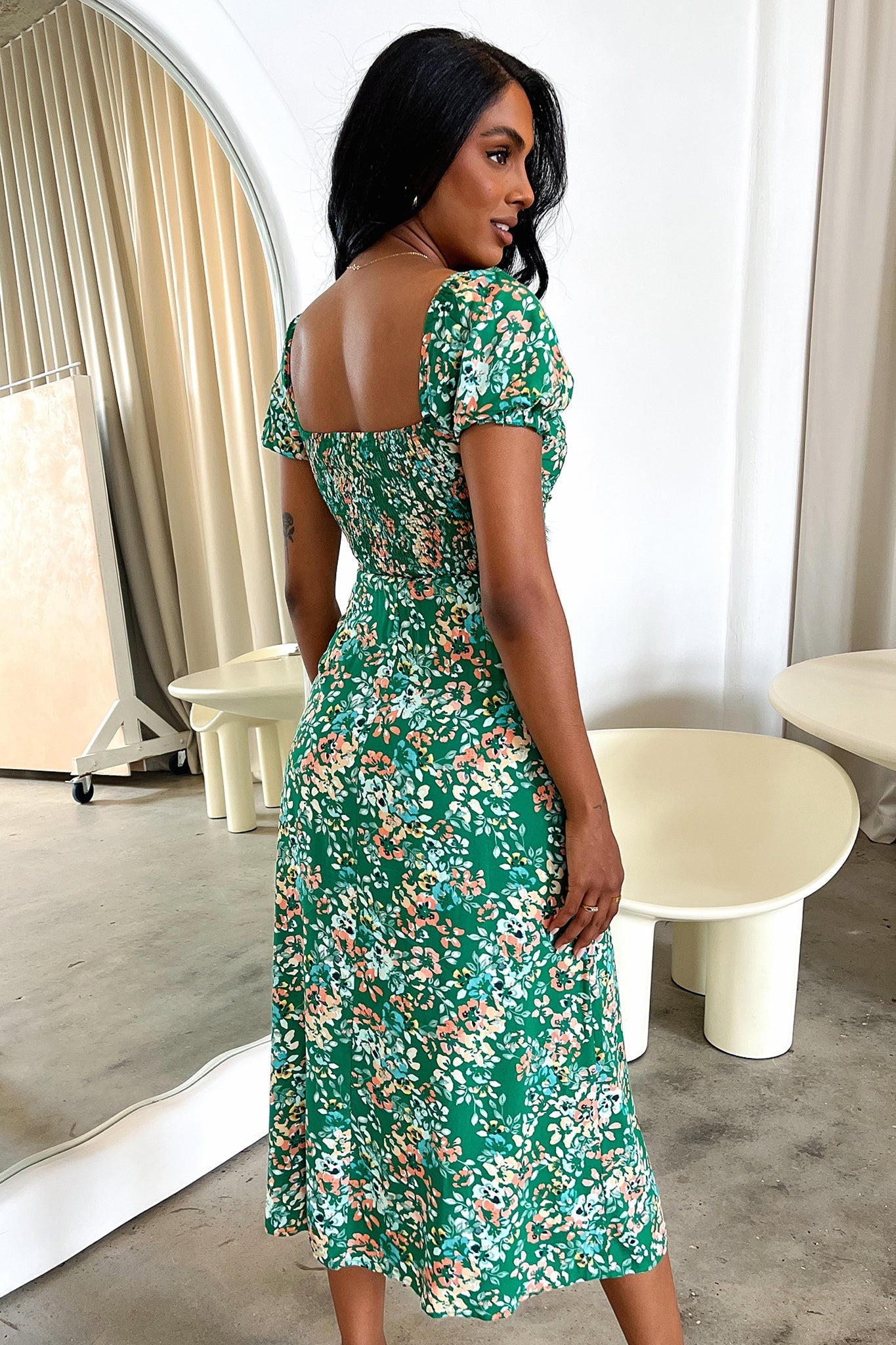 Solem Midi Dress - Dark Green Floral
