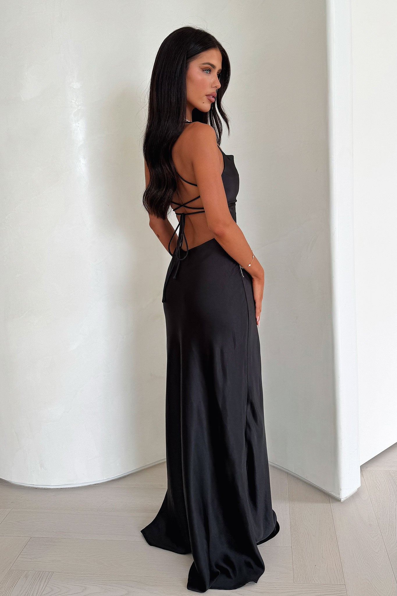Starlette Cowl Neck Satin Maxi Dress - Black