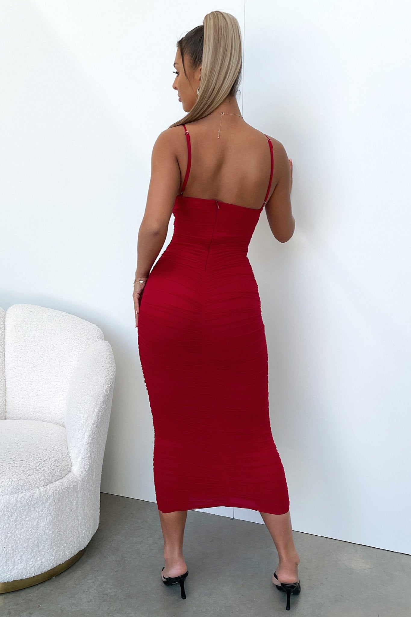 Zena Mesh Full Length Dress - Burgundy